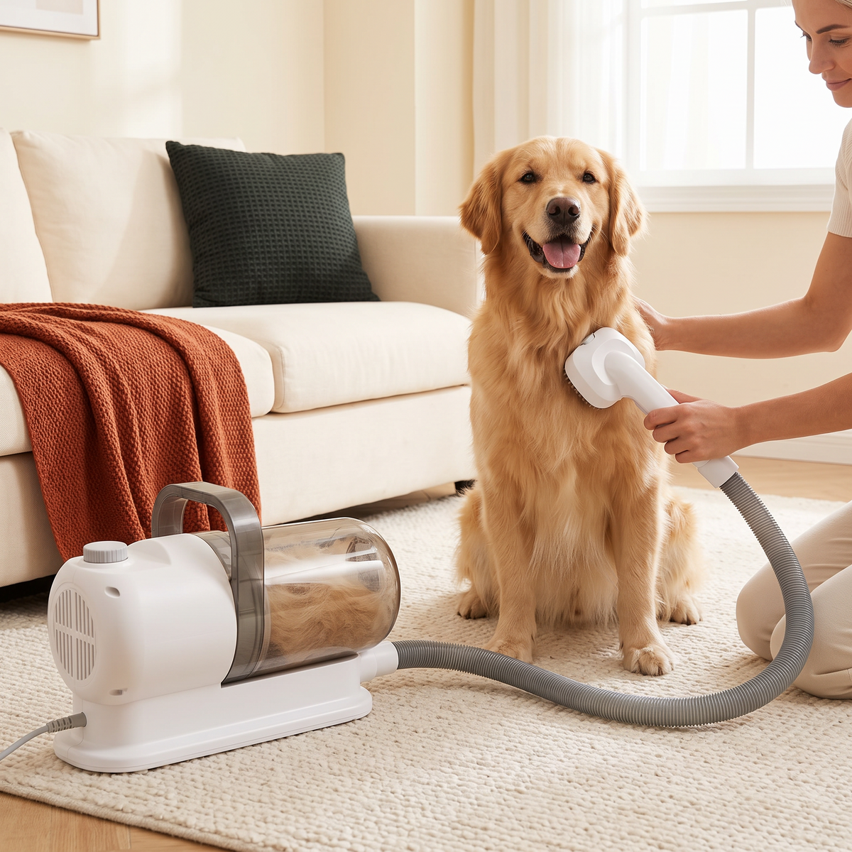 Czesanie golden retrievera trymerem z odkurzaczem w salonie