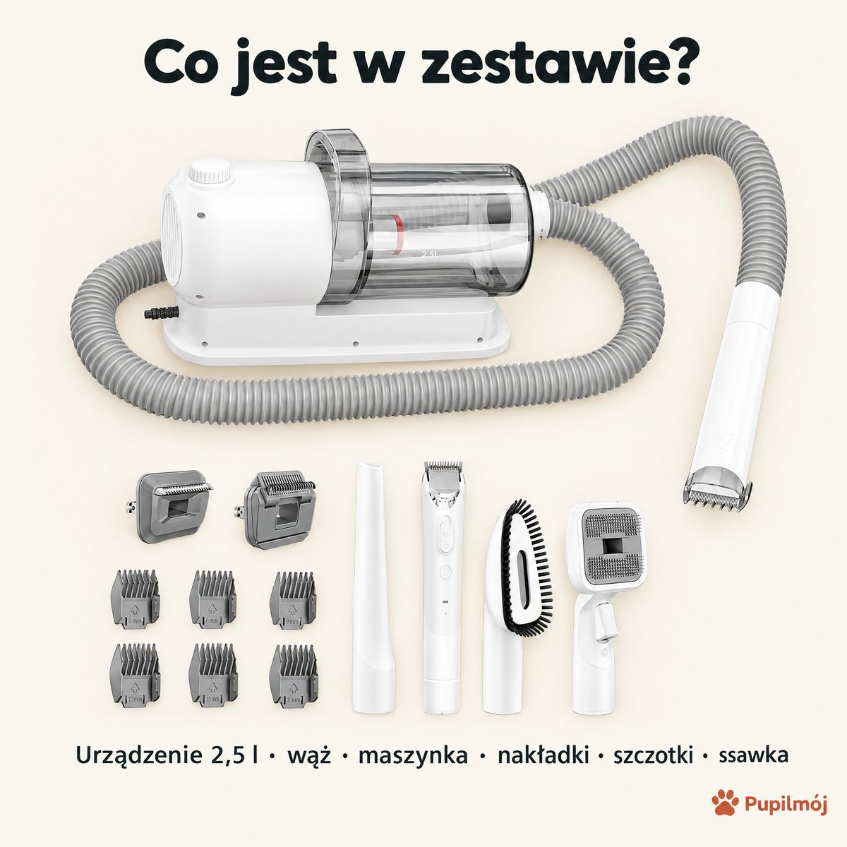 Co jest w zestawie: urządzenie 2,5 l, wąż, maszynka, nakładki, szczotki, ssawka
