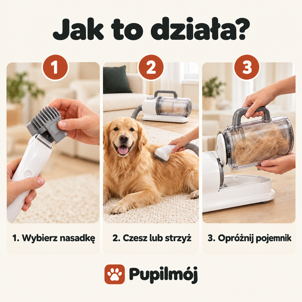 Jak to działa: wybierz nasadkę, czesz lub strzyż, opróżnij pojemnik